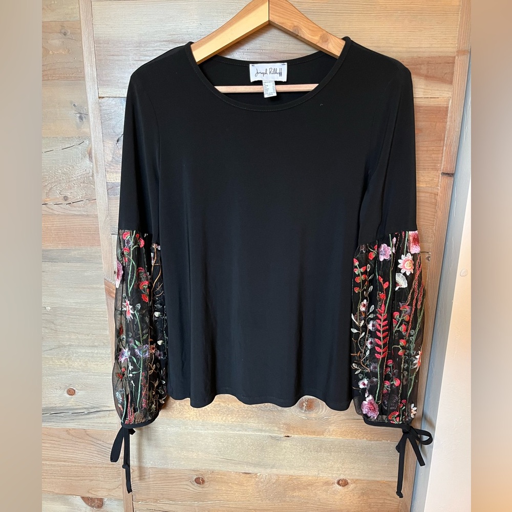 Joseph Ribkoff Black Top with Embroidered Floral Mesh Sleeves